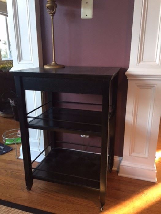 Bar cart with drawer; black wood, Pier 1, on wheels