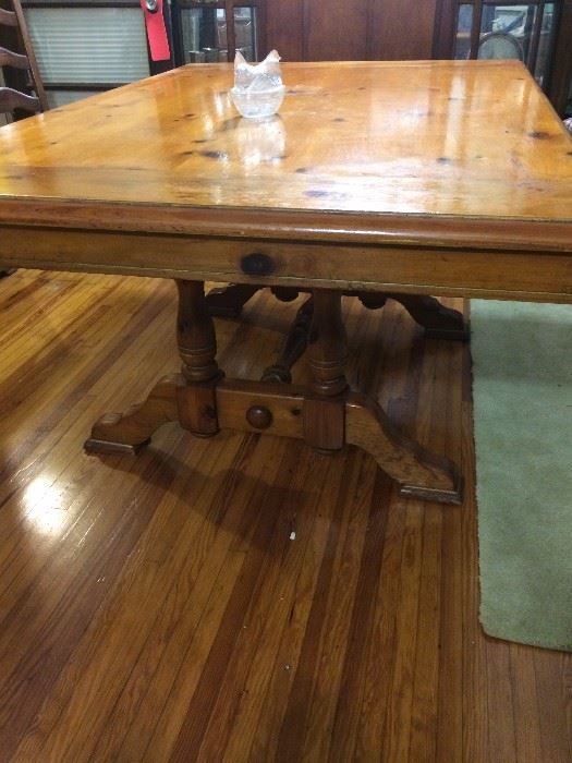 This is a beautiful knotty pine trestle table - again smaller (no leaves), just the perfect size 