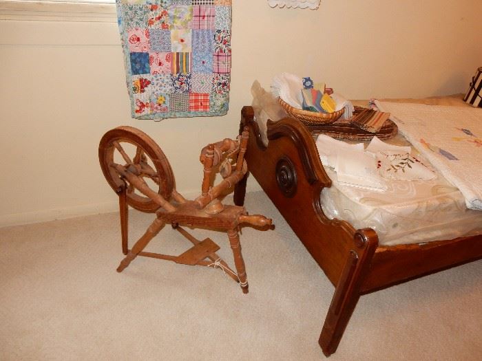 Fine Quilts, Spinning Wheel, Twin Antique Bed