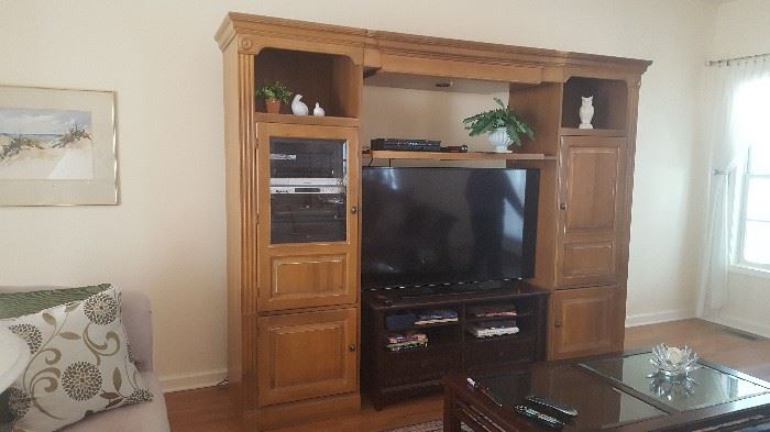 Desert Sienna Three Piece Entertainment Center with Stand Alone Cabinets and Upper Bridge and Shelf.