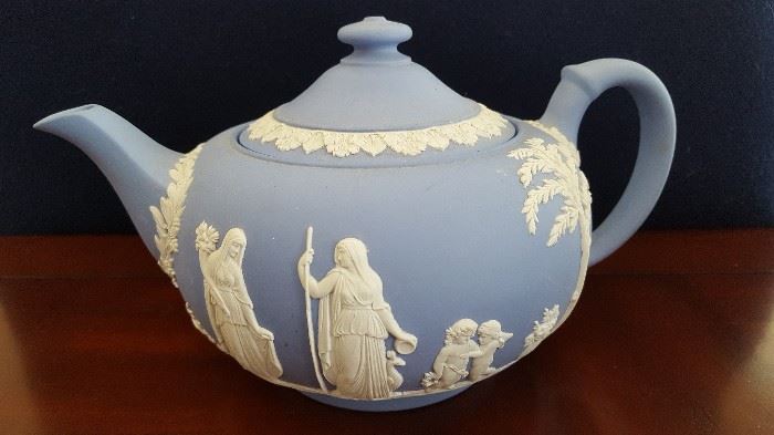 Wedgewood Jasperware Blue and White Large Tea Pot.