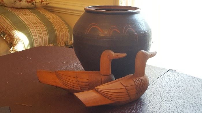 Native American Clay Pot. Vintage Japanese Carved Ducks.
