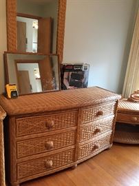 Tan Wicker Bedroom set, Dresser, Side Dresser, Nightstand and Trunk with Mirror