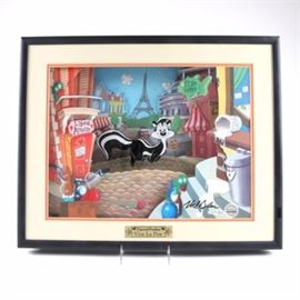Animated Animations Limited Edition Offset Lithograph "Vive Le Pew": An offset lithograph on paper titled Vive Le Pew by Animated Animations. This piece depicts Looney Tunes character Pepe Le Pew bounding through an illustrated scene with the Eiffel Tower in the distance. This piece is signed by the artist to the lower right corner and numbered “3344/9500.” Verso features a Certificate of Authenticity.