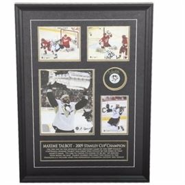 Maxime Talbot Penguins Signed Puck: A Maxime Talbot Penguins signed puck. This Maxime Talbot Stanley Cup presentation features a signed puck, as well as four game pictures, framed behind glass with wire to hang. Includes the certificate of authenticity.
