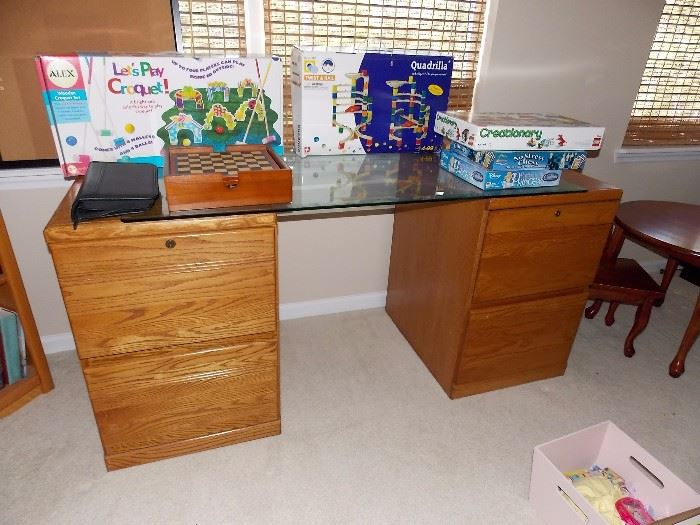 Wood File Cabinets /Glass top Desk