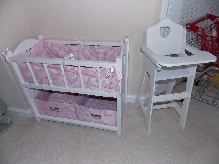 Child's baby doll cradle and highchair