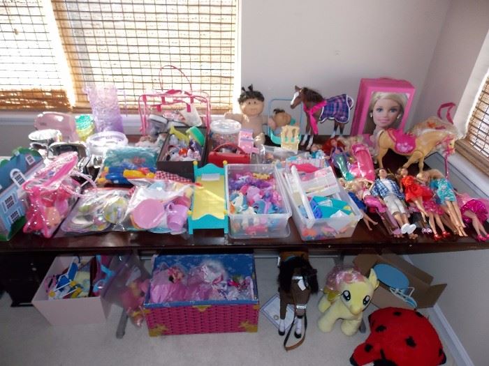 Barbies and clothes, , cabbage patch, disney dolls and toys, dress up, kitchen toys, tea sets