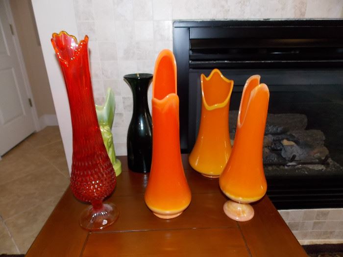 Vintage L.E. Smith Orange Glass Vases, Fenton 