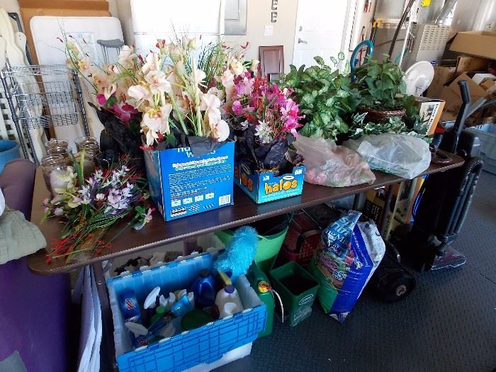 Silk flowers and jar arrangements, gardening supplies, cleaners