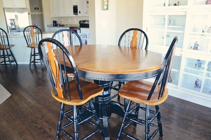 Tall Cherry/Black Kitchen Table with 6 Swivel Stools
