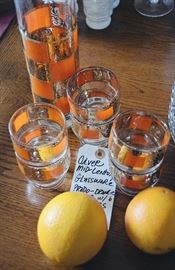 Culver Mid-Century Glassware "Prado-Orange" Bar Set (Pitcher & 6 Cocktail Glasses)
