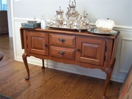 Amish built solid cherry server. Silver tea/coffee service & misc.