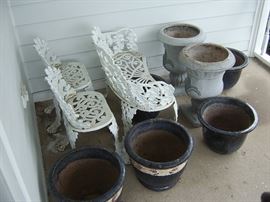 Outdoor cast iron bench and chairs.  Not planters.