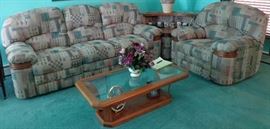 3PC Sectional Sofa; Beveled Glass Top Oak Coffee Table