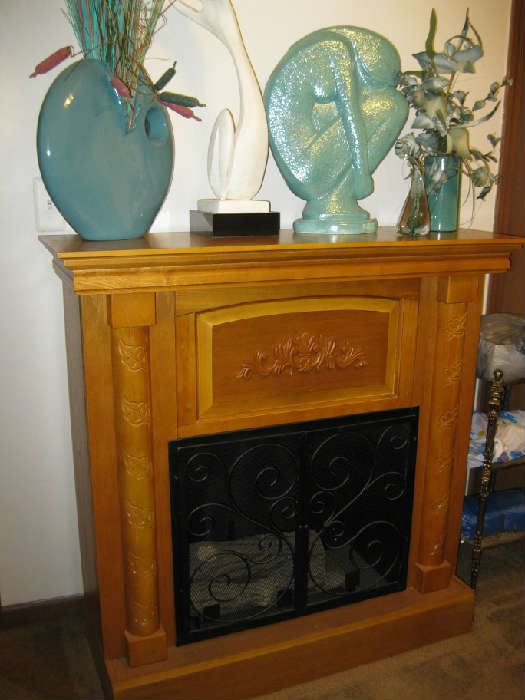 Electric Fireplace and Sculptures