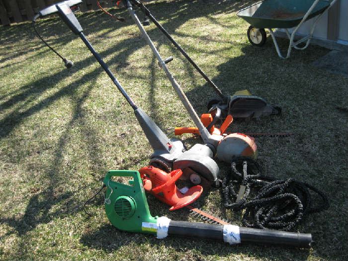 Leaf Blower, Hedge Trimmers, Weed Whip, Hose, Lawn Edgers and Wheelbarrow