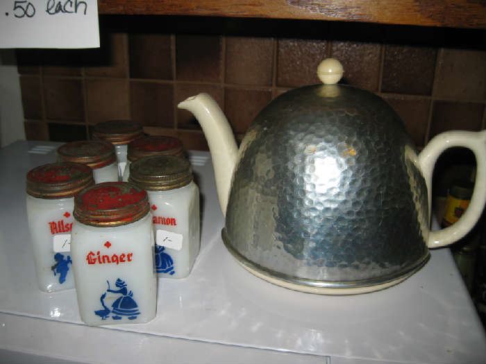 Vintage Tea Pot with Hammered Warmer Cover and Milk Glass Spice Jars
