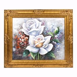 Original Signed Floral Painting: An original framed oil painting. The painting depicts large white roses and other flowers. It is signed to the lower right corner “M. Bell”, and is presented in an ornate gilded wood frame. Ready to hang.
