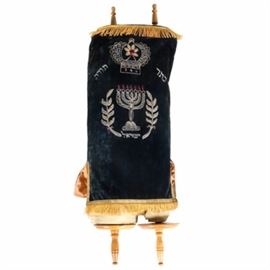 Early to Mid 20th Century Sefer Torah Scroll: A well-rendered early to mid 20th century Sefer Torah scroll, the piece hand-rendered upon goat-skin parchment. The work, complete with turned wooden handles and an embroidered velveteen cover, was the project of a skilled scribe, per the seller, a commission for an Austin, Texas synagogue.