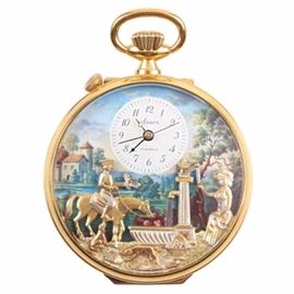 Arnex Reuge Automated Musical Pocket Watch with Automatons: A charming Swiss Arnex Reuge musical pocket watch with automatons.The face features a painted country landscape with applied metal automaton of a lady pumping water with the water flowing, a horseman raises and lowers his hand in which he holds a falcon, and the horse bends his head to drink from a trough all to the song “Oh wjat A Beautiful Morning”. The watch is gold-plated, 10 microns over brass, the dial has Arabic numerals and the key is present.