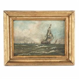 Circa 1906 Maritime Painting on Stretched Canvas Signed T. Smith: An original maritime oil painting on stretched canvas Signed “T. Smith” and dated 1906 in the lower left corner. The small painting depicts masted ships on choppy water with stormy skies, it is presented in an antique gold frame with a tiny beaded inner edge. Several old paper labels remain affixed to the back reading “Pierce & Company Pictures and Framing, Springfield, Ohio” and “Kurtz, Langbein & Swartz, Pittsburg Artist’s Materials”.