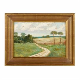"Path to the Sea" Original Painting by Joseph Urban (1872-1933): An original oil painting on board titled Path to the Sea by Joseph Urban (Vienna, 1872-1933). The charming painting illustrates a landscape with a path curving through lush green vegetation under billowing clouds. The artist’s signature is found in the lower right corner and has been professionally presented in a wood frame having an antiqued gold finish and a gallery label affixed to the back. Please note the additional painting by this artist (framed in the same manner) offered as item 17DCC024-198.

Joseph Urban was born in Vienna, Austria and died in New York City. He studied at the Imperial Academy of Fine Arts and was heavily influenced by fellow Vienna Gustav Klimt, Josef Olbrich. Further information about this artist can be found in the link provided below.