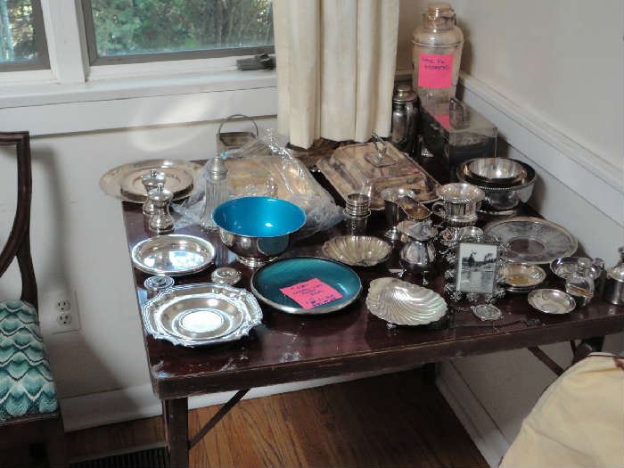 Various silver plated items.