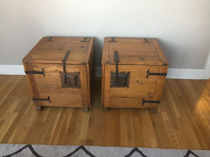 Pair of terrific rustic bedside or end tables filled with storage options