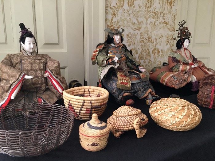 Japanese Hina Dolls circa 1840,  Native American Baskets