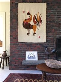 Vintage Hand Loomed Wall Hanging Rug with Rooster, Inuit Art, Area Rugs