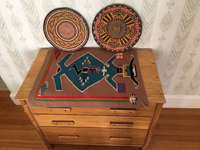 Hopi Wicker Plaques, Mary Chimerico (right), Navajo Sand Painting Earth Mother Rug by Laverne Todocheenie