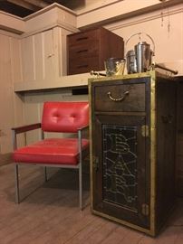 Stained Glass "Bar" Lighted Bar Cabinet, Vintage Chrome Chair