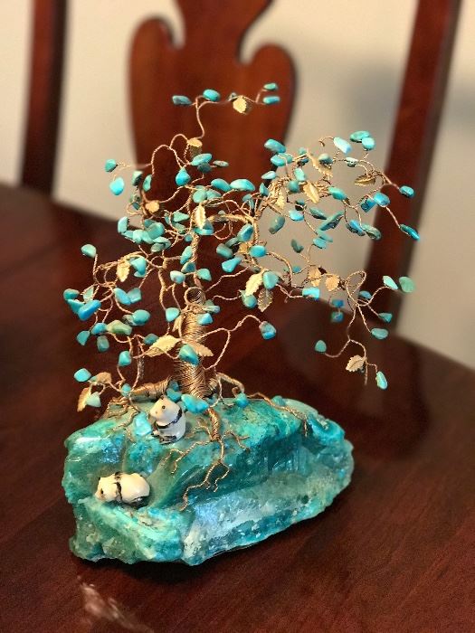 Eight inch tall Bonsai Tree of Life with turquoise "leaves", sitting on a large chunk of turquoise & quartz