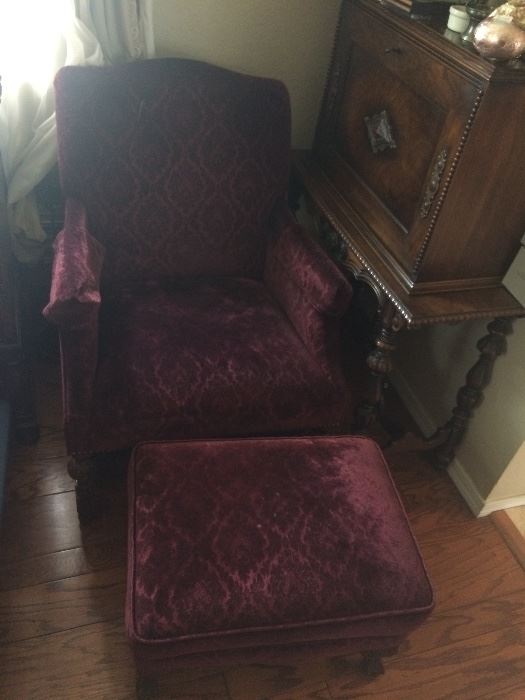 Antique velvet chair with ottoman