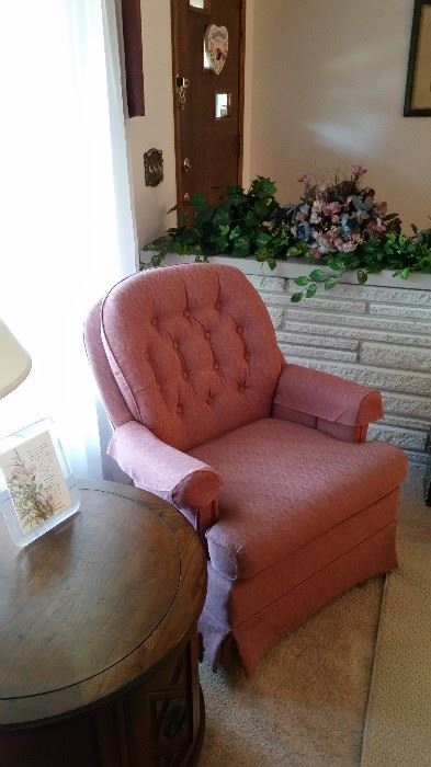 Pink swivel chair (there is a pair), end table