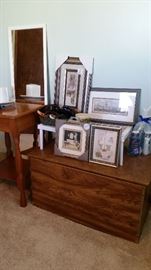 End table (SOLD), chest, pictures