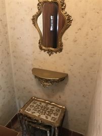 ORNATE GOLD MIRROR , SHELF AND NESTING TABLES