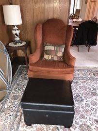 WINGBACK CHAIR AND LEATHER OTTOMAN WITH STORAGE INSIDE