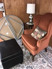 WINGBACK CHAIR AND LEATHER OTTOMAN WITH STORAGE INSIDE