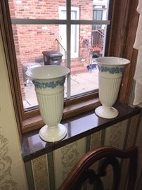 WEDGWOOD QUEENSWARE BLUE ON WHITE 8.75” TALL VASE-ONE CRACKED