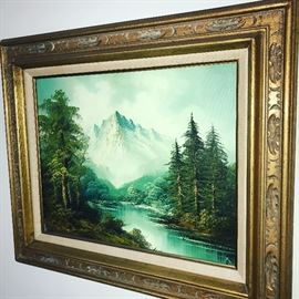 BEAUTIFUL SCENIC FORESTRY WITH RIVER AND MOUNTAIN OIL ON CANVAS FRAMED PAINTING