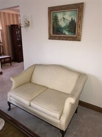 VINTAGE CREAM LOVE-SEAT WITH WOODEN CURVED LEGS