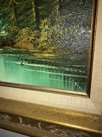 BEAUTIFUL SCENIC FORESTRY WITH RIVER AND MOUNTAIN OIL ON CANVAS FRAMED PAINTING