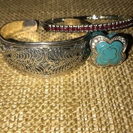 STERLING SILVER JEWELRY, RUBY BANGLE, AQUA ENAMEL STERLING RING