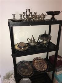 SILVER-PLATED CANDLEHOLDERS, SERVING TRAYS , TEAPOTS AND DISHES