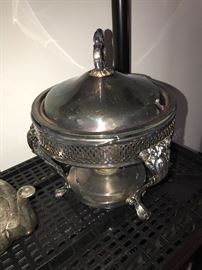 SILVER-PLATED CANDLEHOLDERS, SERVING TRAYS , TEAPOTS AND DISHES