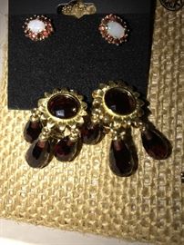 18K SOLID GOLD GARNET DANGLE CLIP EARRINGS AND 14K GOLD GARNET AND OPAL EARRRINGS