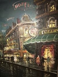 VERY LARGE PARIS AT NIGHT PAINTING-OIL ON CANVAS