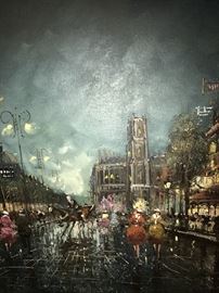 VERY LARGE PARIS AT NIGHT PAINTING-OIL ON CANVAS